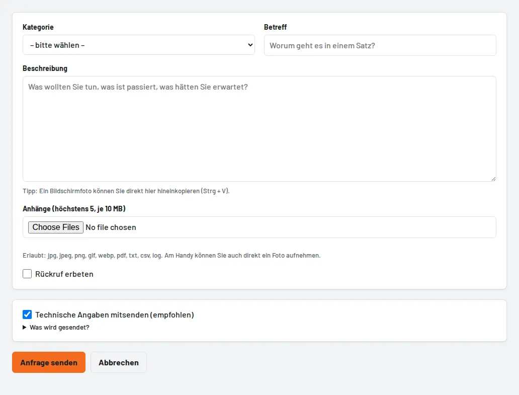 Neue Anfrage an den Support