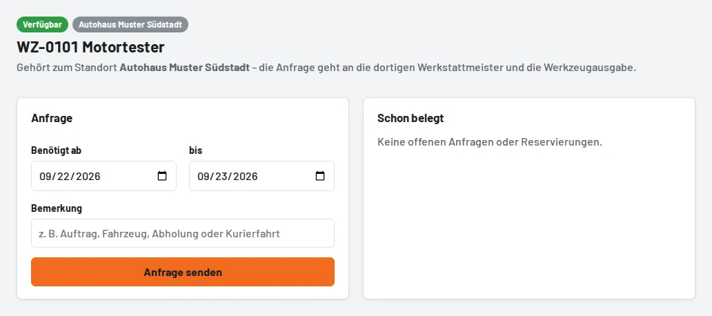 Anfrage mit Zeitraum und Bemerkung