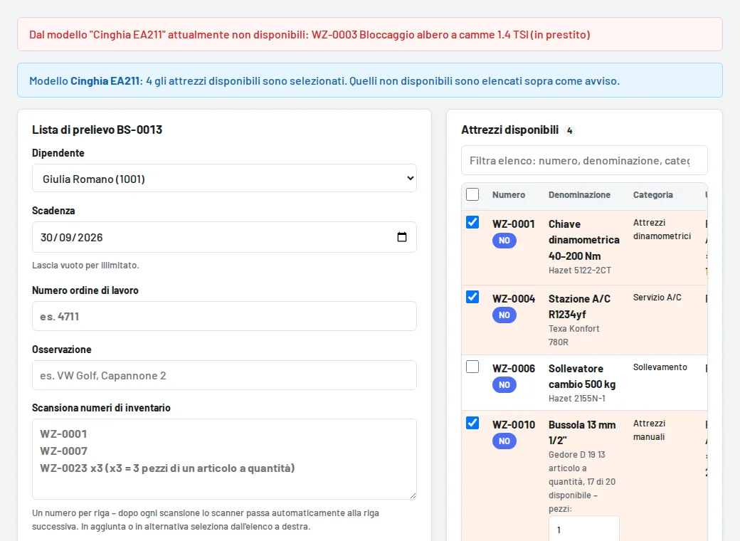Lista di prelievo da modello: gli attrezzi disponibili sono spuntati