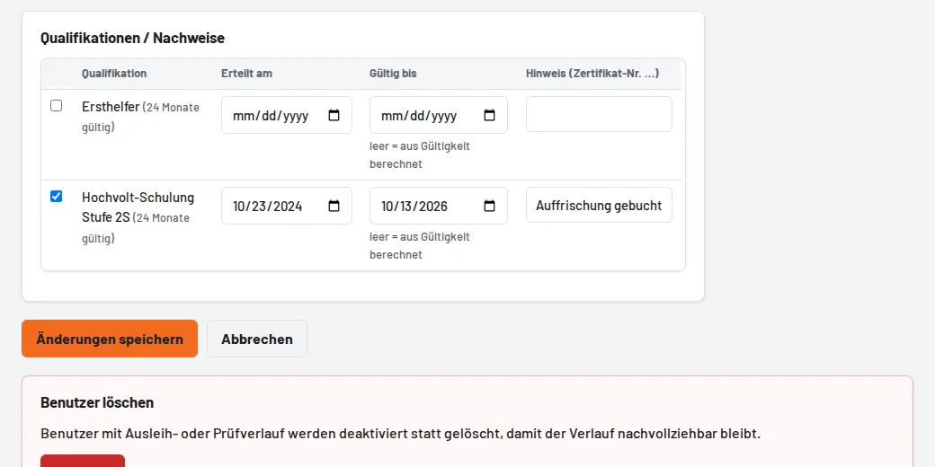 Nachweise im Benutzerformular
