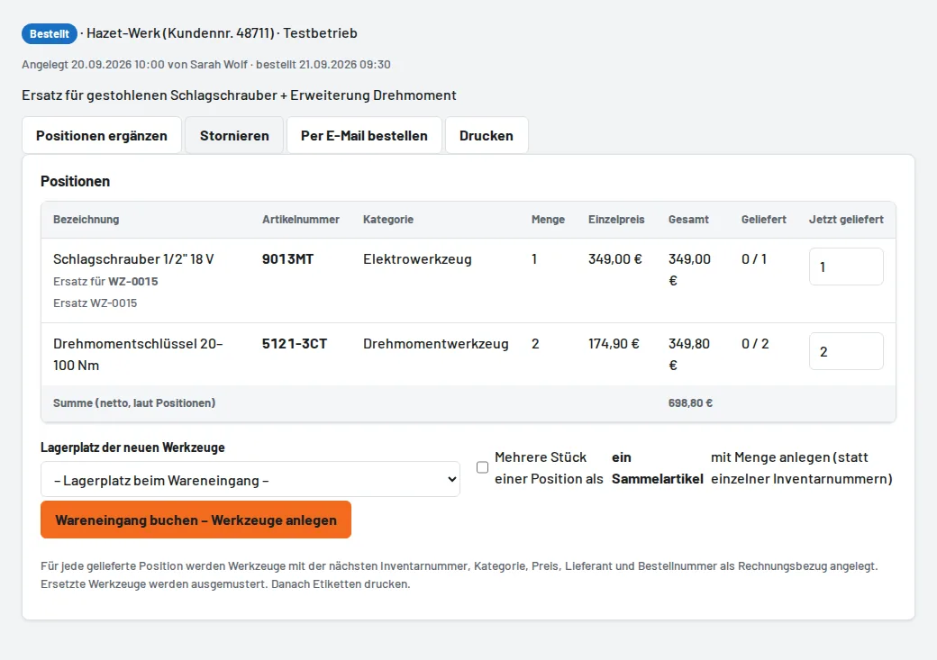 Bestellung mit Positionen und Wareneingang