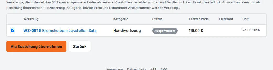 Bestellvorschläge: Ersatzbedarf anhaken