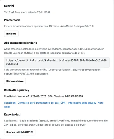Impostazioni → Servizi: abbonamento calendario ed esportazione dati