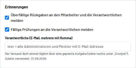 Erinnerungen unter Einstellungen