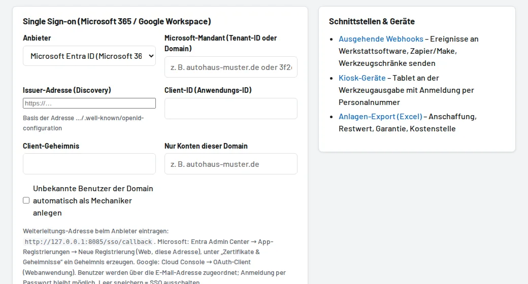 Einstellungen → Schnittstellen & Geräte: Etikettendrucker, Kiosk-Geräte, Webhooks