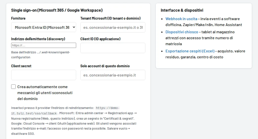 Impostazioni → Interfacce & dispositivi: stampanti di etichette, dispositivi chiosco, webhook