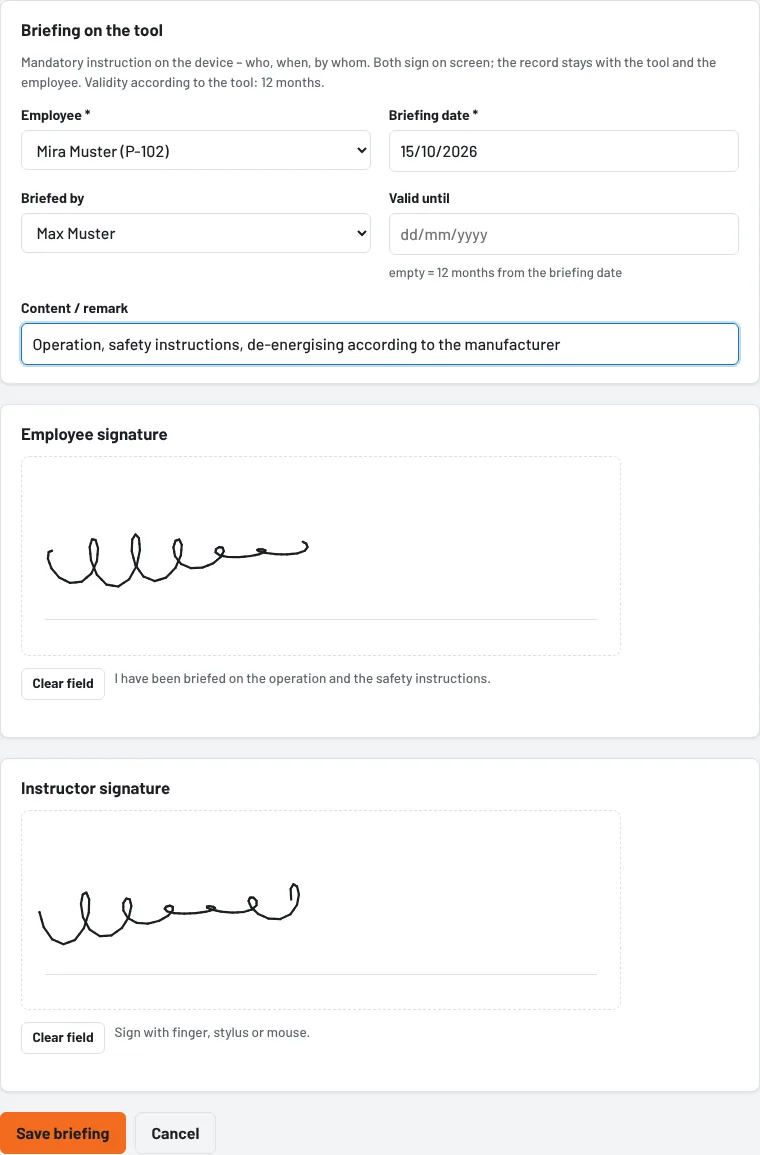 Record briefing: employee, date, content and two signatures