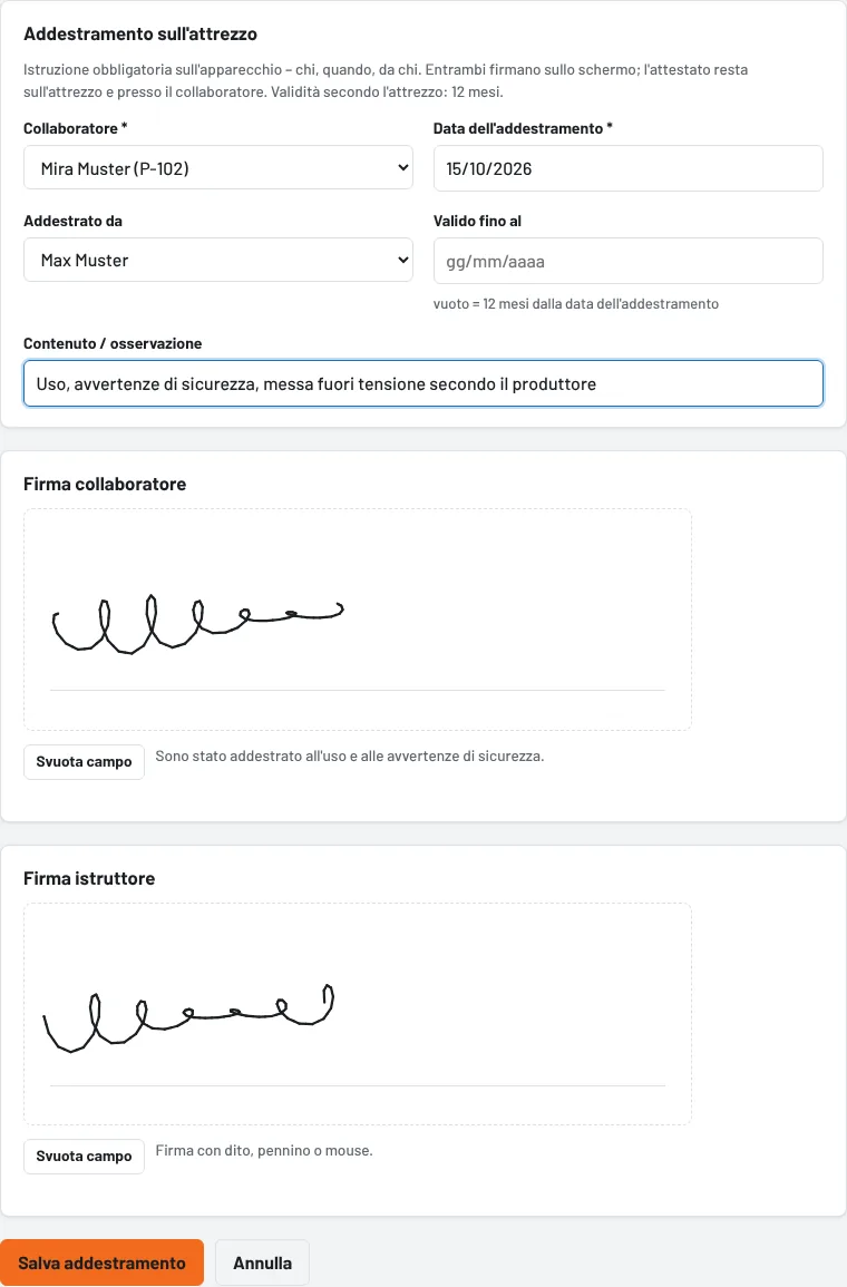Registra addestramento: collaboratore, data, contenuto e due firme