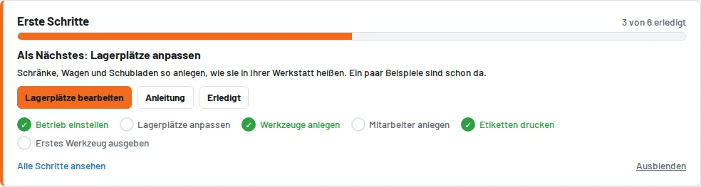 Karte „Erste Schritte“ auf der Übersicht