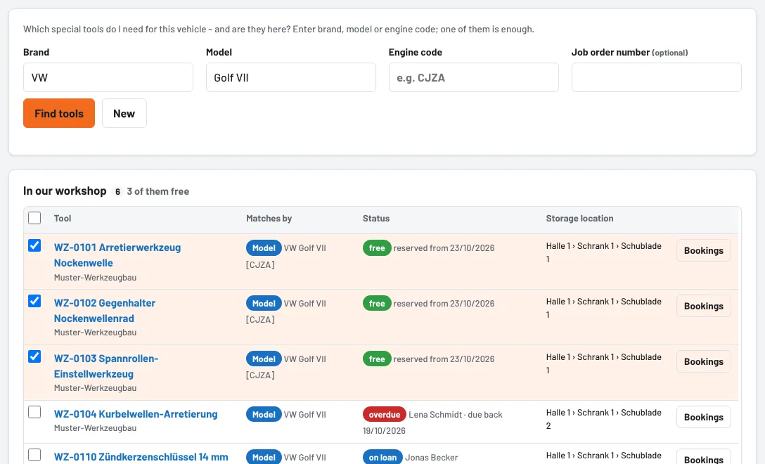 By vehicle: matching tools with availability