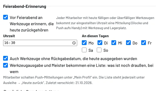 Einstellungen → Erinnerungen: Feierabend-Erinnerung