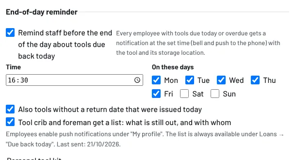 Settings → Reminders: end-of-day reminder
