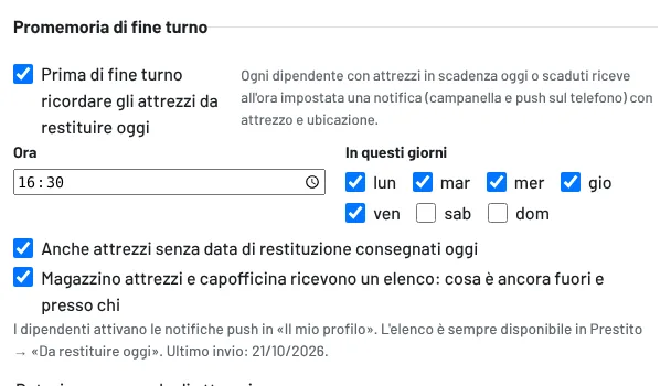 Impostazioni → Promemoria: promemoria di fine turno