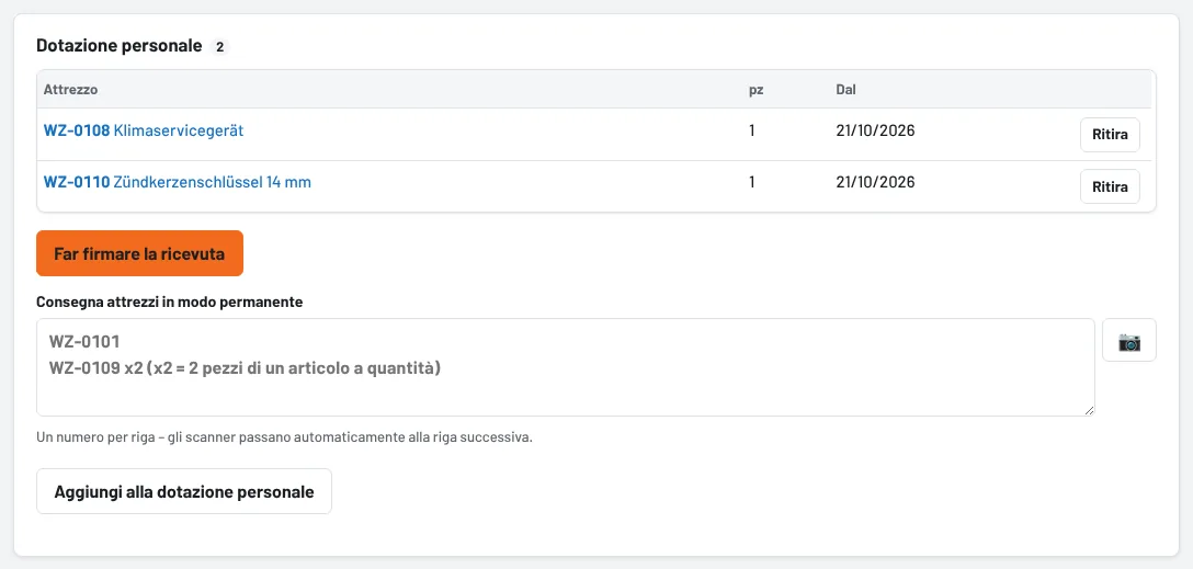 Dotazione personale di un dipendente con ricevuta