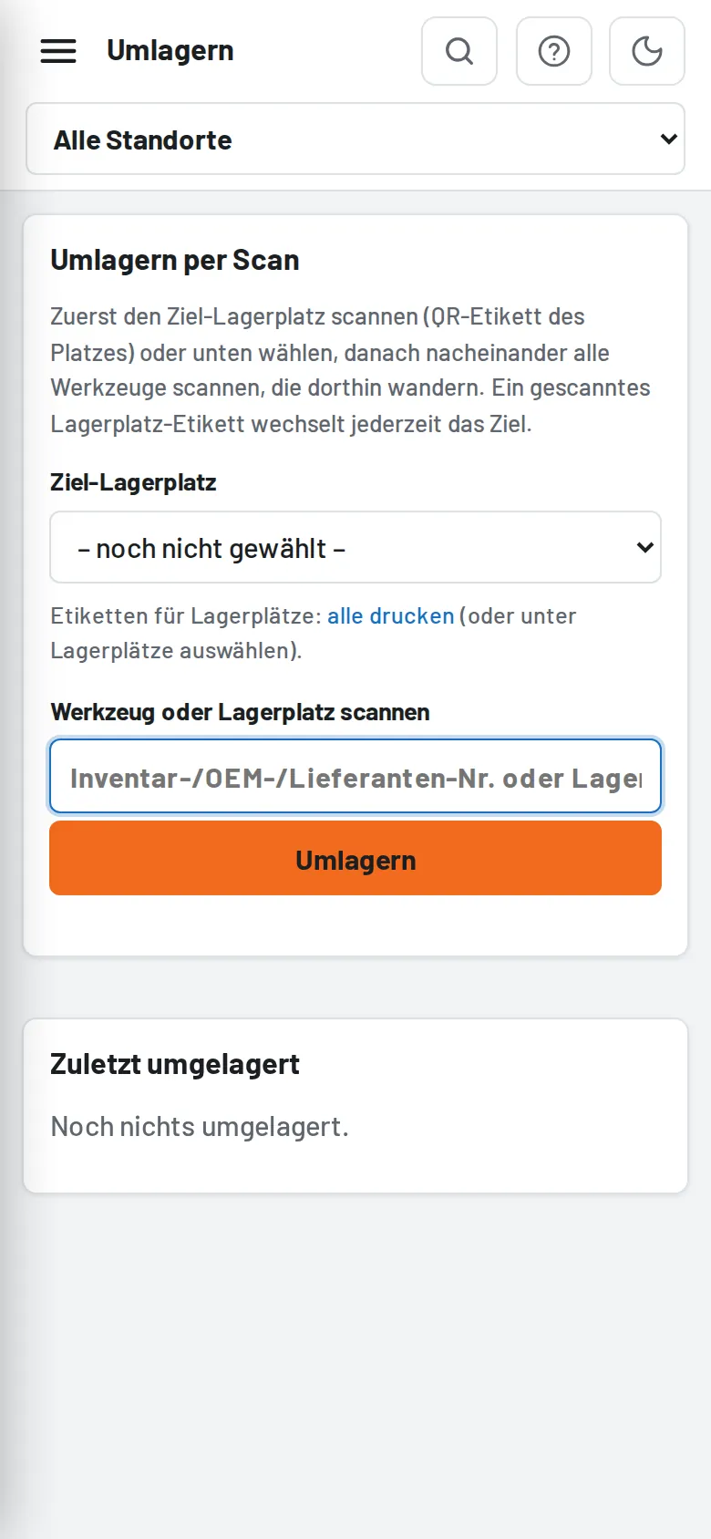 Umlagern: erst Lagerplatz, dann Werkzeuge scannen