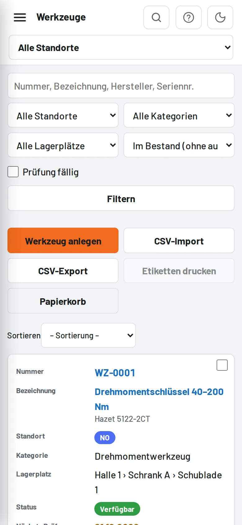 Werkzeugliste am Handy: jede Zeile als Karte