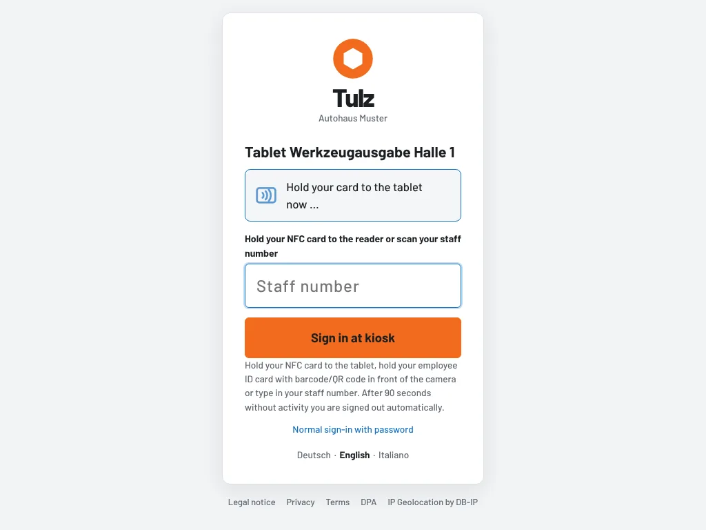 Kiosk sign-in: hold your card to the tablet now