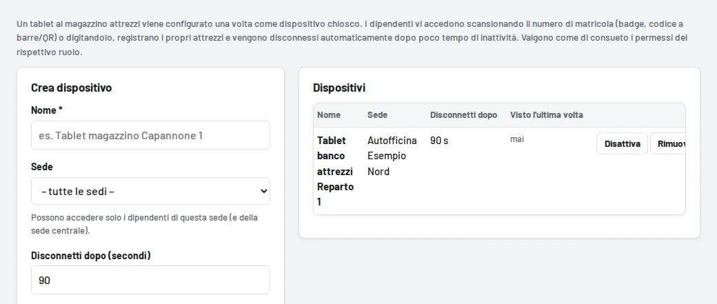 Impostazioni → Dispositivi chiosco