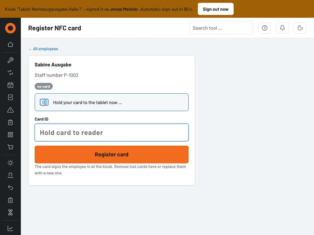 Kiosk: register an NFC card for a colleague