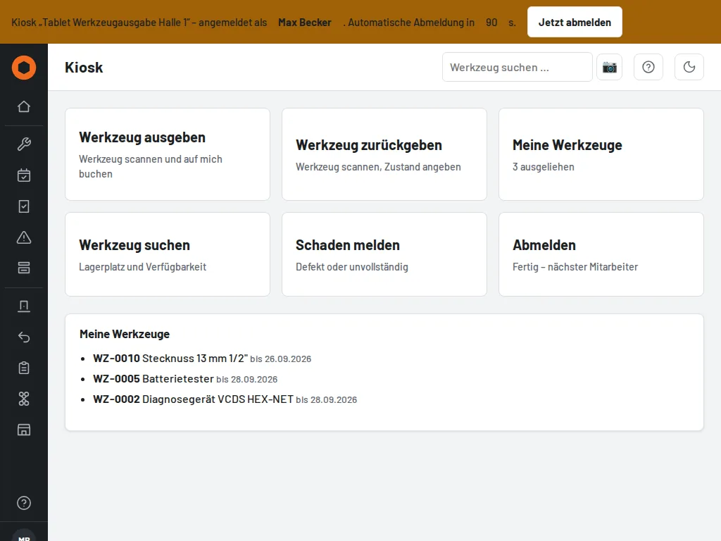 Kiosk-Startseite nach der Anmeldung