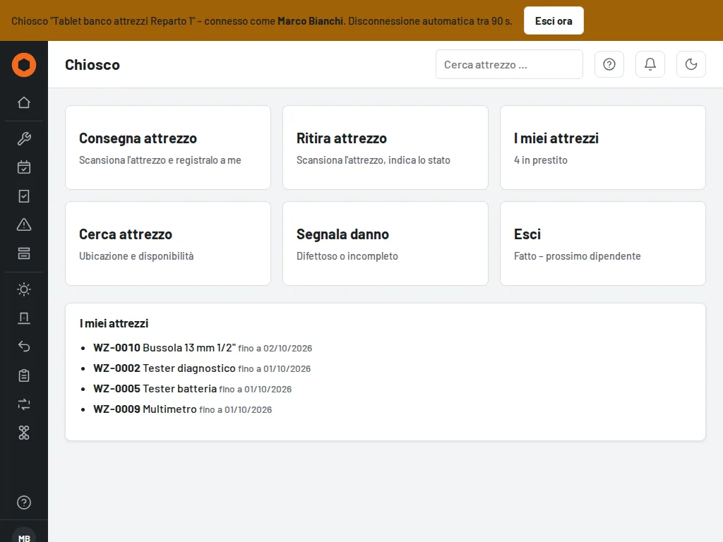 Pagina iniziale del chiosco dopo l'accesso