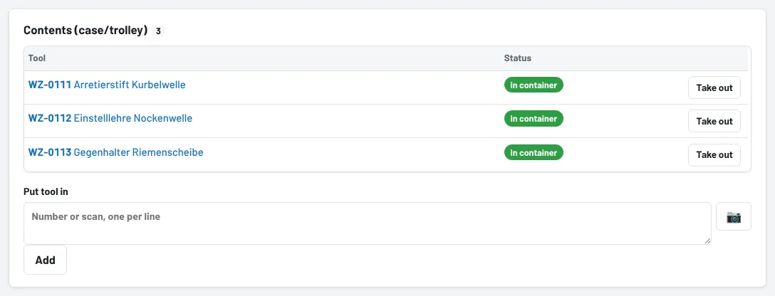 Tool page of a case: contents with their own tools