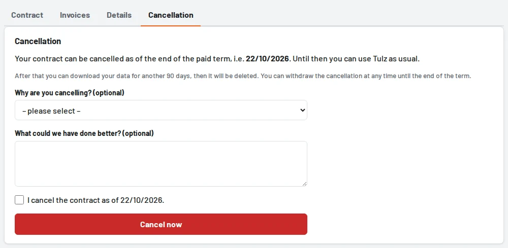 Customer area → Cancellation