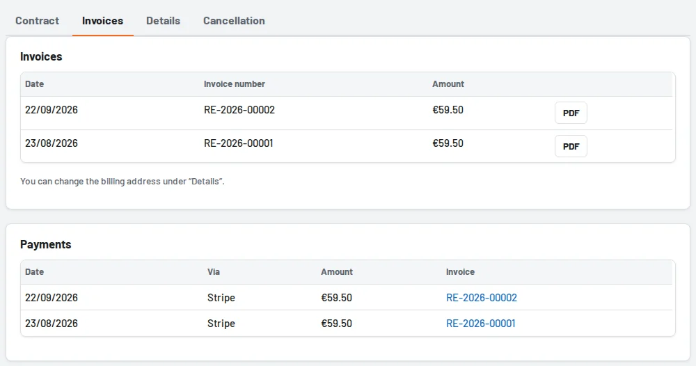 Customer area → Invoices