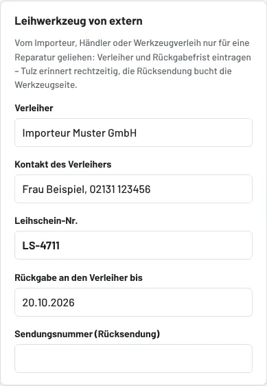 Werkzeugformular → Leihwerkzeug von extern