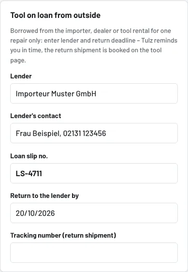 Tool form → Tool on loan from outside