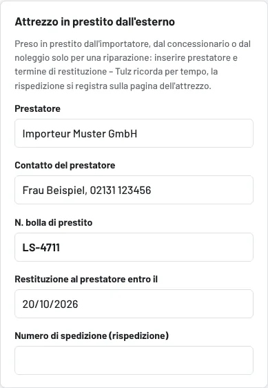 Modulo attrezzo → Attrezzo in prestito dall'esterno