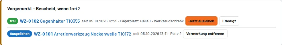 „Mein Tag“: vorgemerkte Werkzeuge