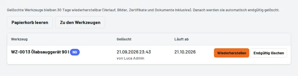 Papierkorb mit „Wiederherstellen“