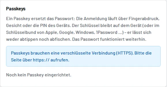Passkeys unter „Mein Profil“