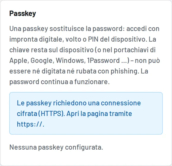 Passkey in "Il mio profilo"