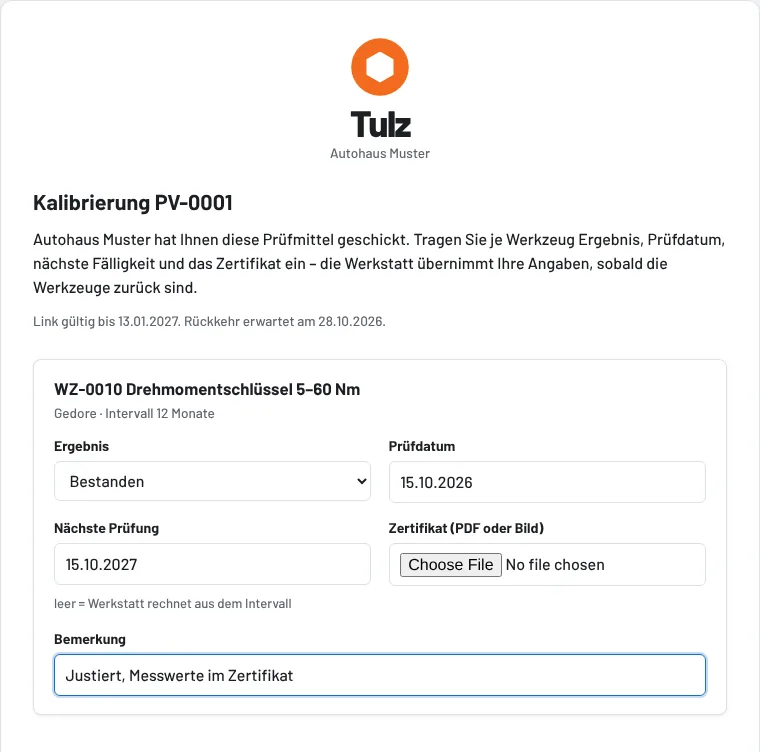 Seite des Prüflabors: Ergebnis, Prüfdatum, nächste Prüfung und Zertifikat je Werkzeug
