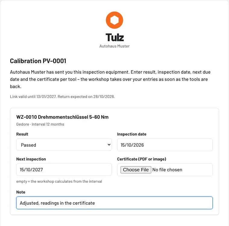 The lab's page: result, inspection date, next inspection and certificate per tool