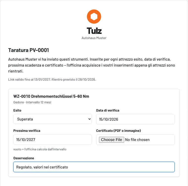 Pagina del laboratorio: esito, data di verifica, prossima verifica e certificato per attrezzo
