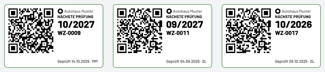Prüfplaketten 62 × 40 mm mit nächster Prüfung, Inventarnummer und QR-Code
