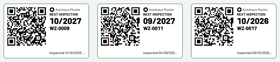 Inspection badges 62 × 40 mm with next inspection, inventory number and QR code
