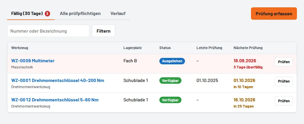 Fällige und überfällige Prüfungen