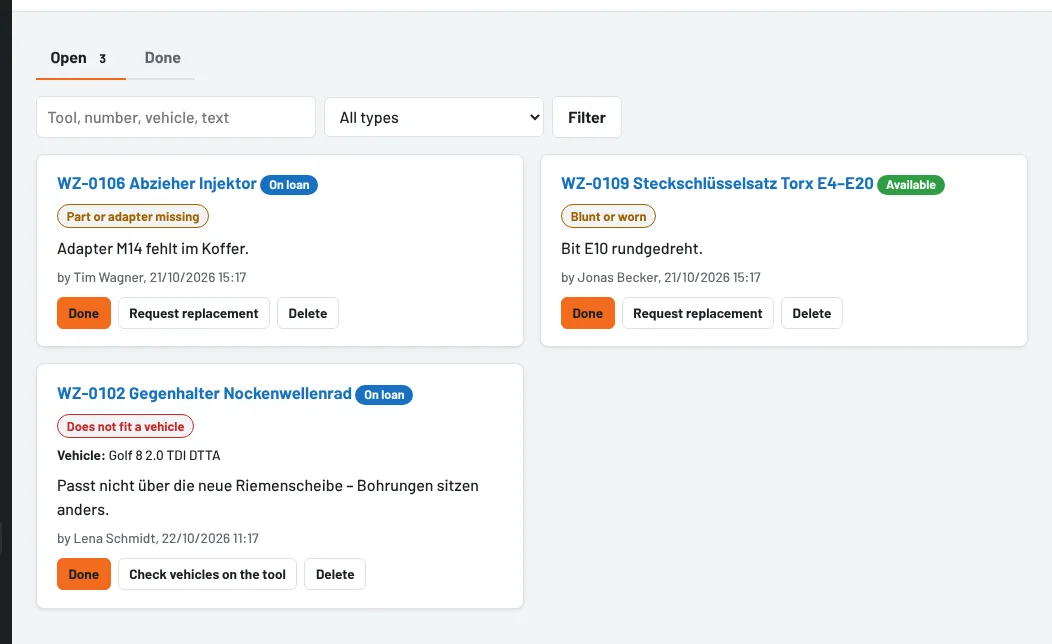 Open feedback with type, text and actions