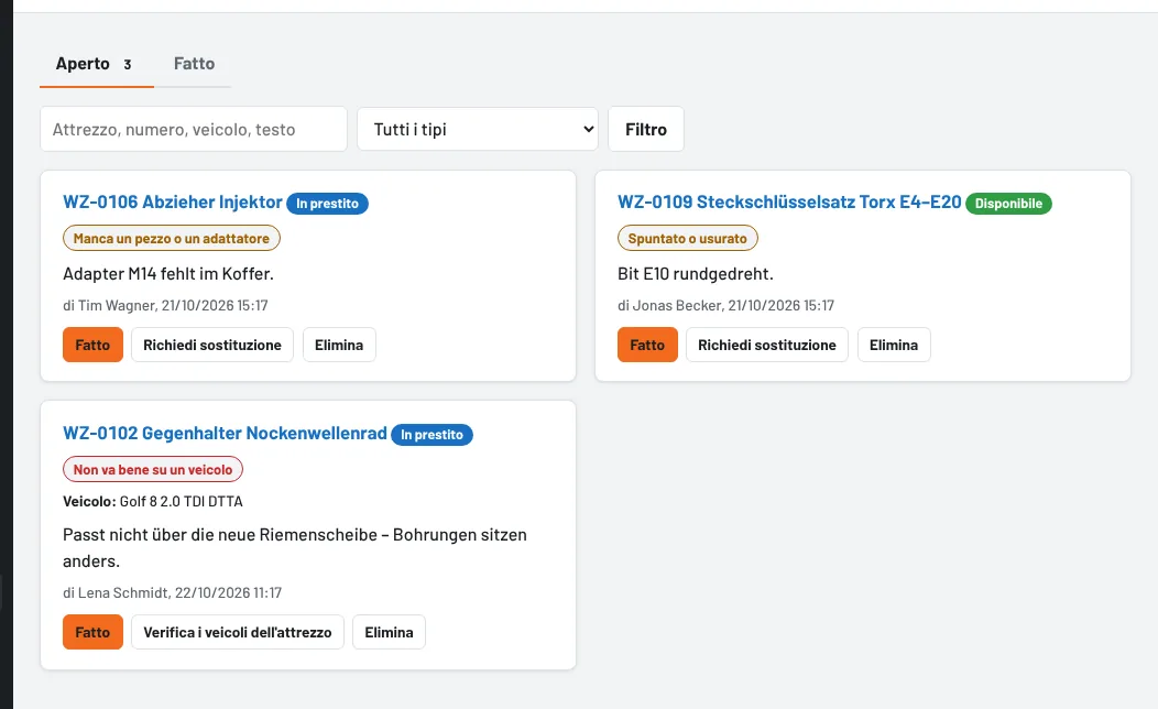 Feedback aperti con tipo, testo e azioni