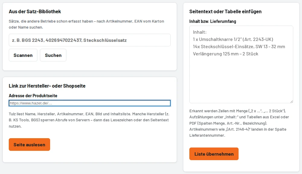 Satz übernehmen: Bibliothek, Link, Text oder Lesezeichen