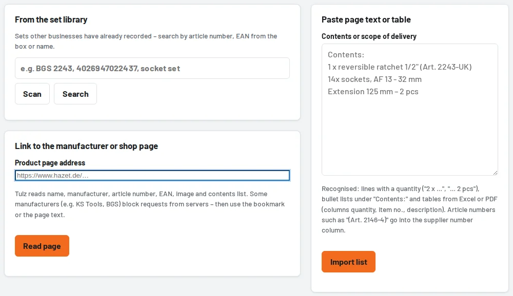 Import tool set: library, link, text or bookmark