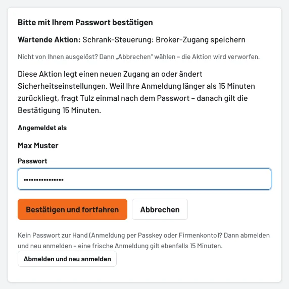 Beim Speichern einmal mit dem eigenen Passwort bestätigen