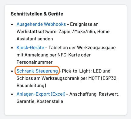 Einstellungen → Schnittstellen & Geräte → Schrank-Steuerung
