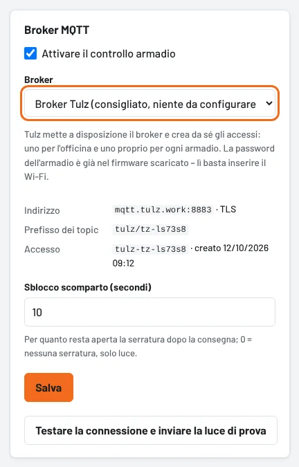 Con il broker Tulz: attivare, scegliere il broker, salvare