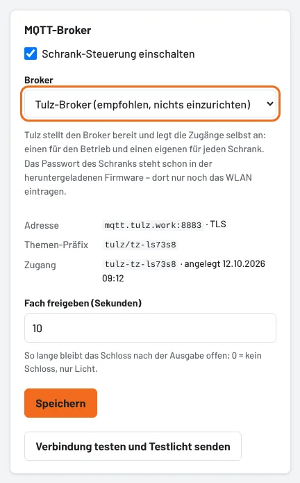 Mit dem Tulz-Broker: einschalten, Broker wählen, speichern