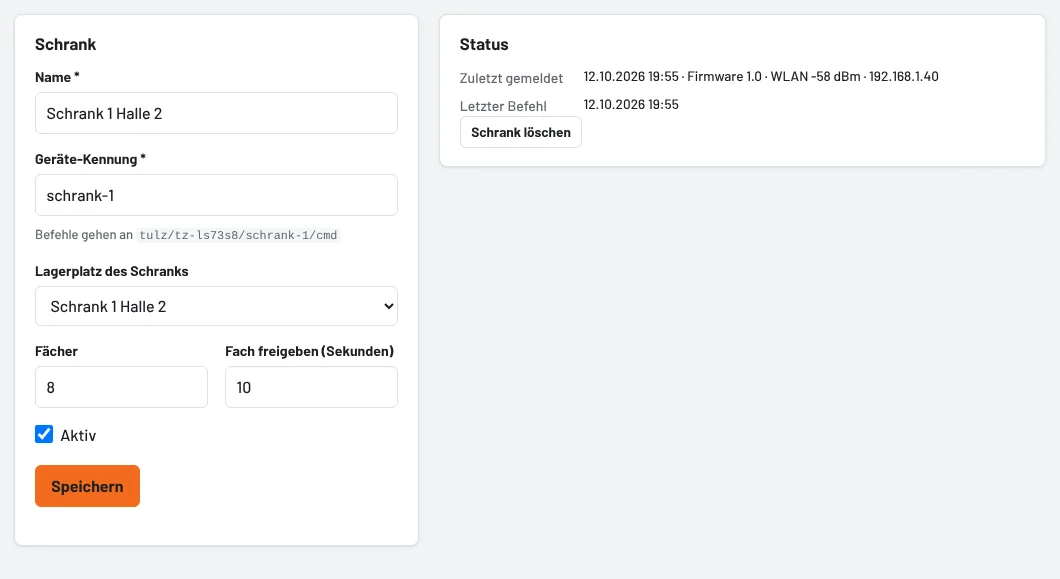 Schrankseite mit Fächern und Status